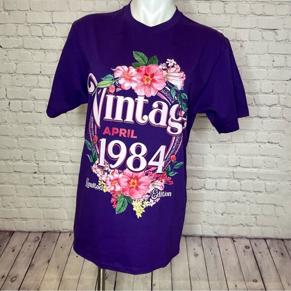 Vintage April 1984 Limited Edition Purple Birthday T-Shirt Port & Co. Sz M NWOT - Picture 2 of 7